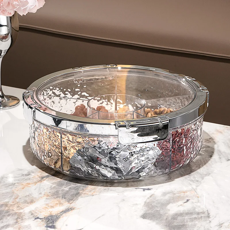 Plastic Divided Serving Tray With Lids,Round Container With Compartments  for Cakes, Sweets, Argent