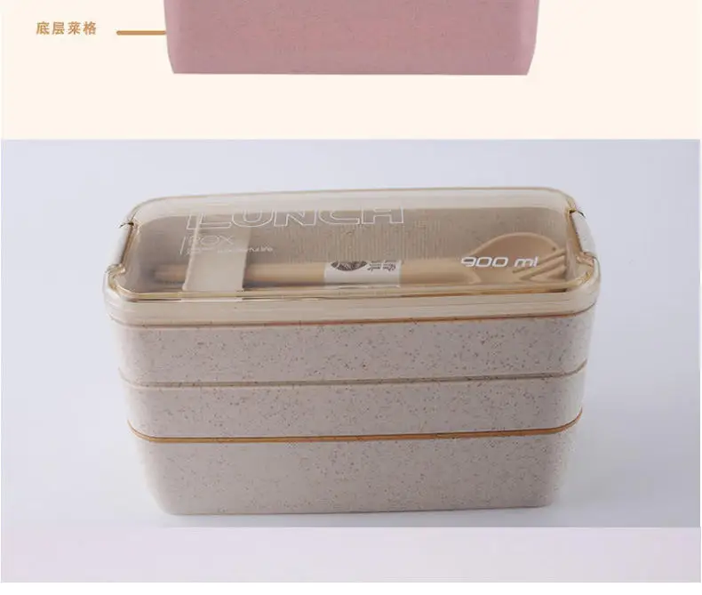 Portable 3 Layer Rectangle Food Container Reusable Custom Logo Eco-Friendly Wheat Straw Lunch Box Modern Kids Tiffin Bento