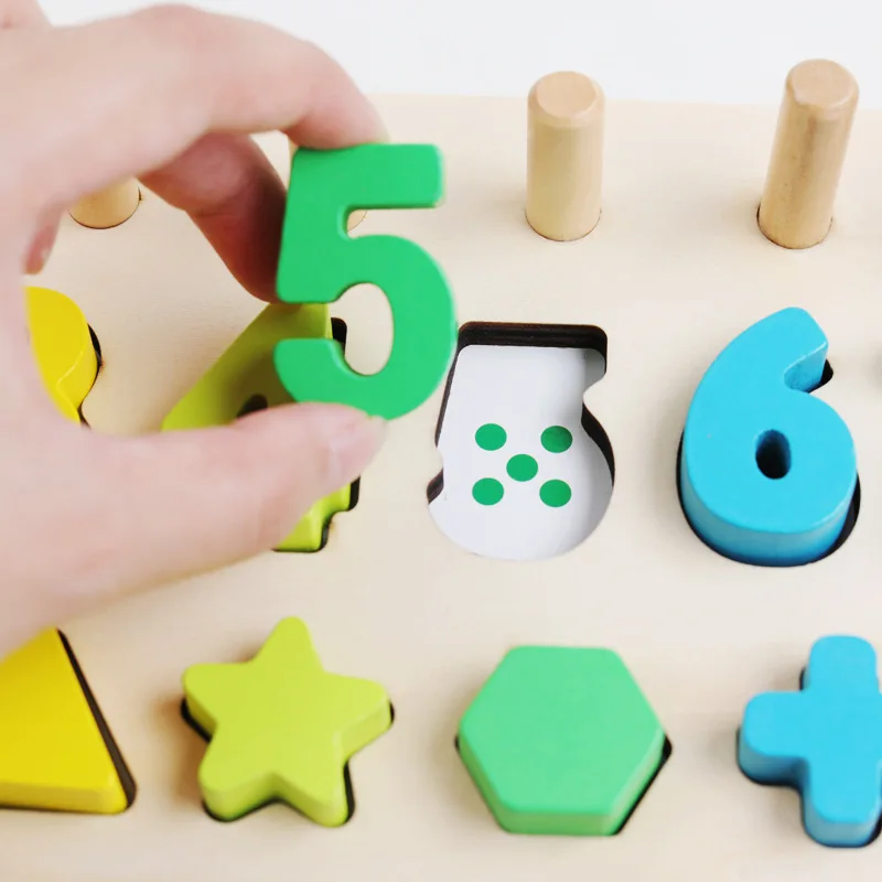 May Promotion 3 in 1 Number Shape Matching Puzzles Toddler Teaching Aids Wooden Building Blocks Educational Toys