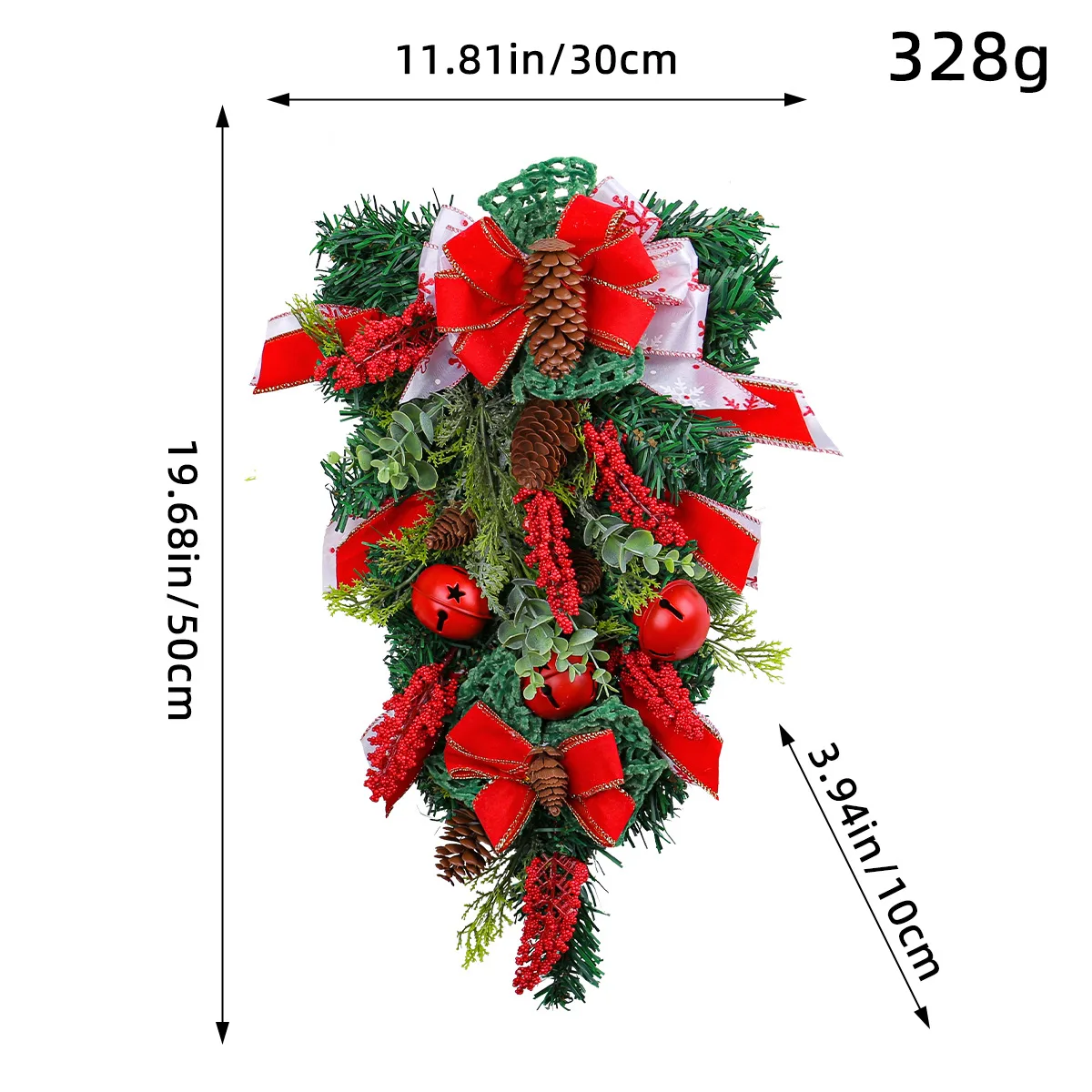 New Christmas Ribbon Bell Inverted Tree Wreath Door Hanging Christmas Bow Pine Rattan Decorative Wall Hanging