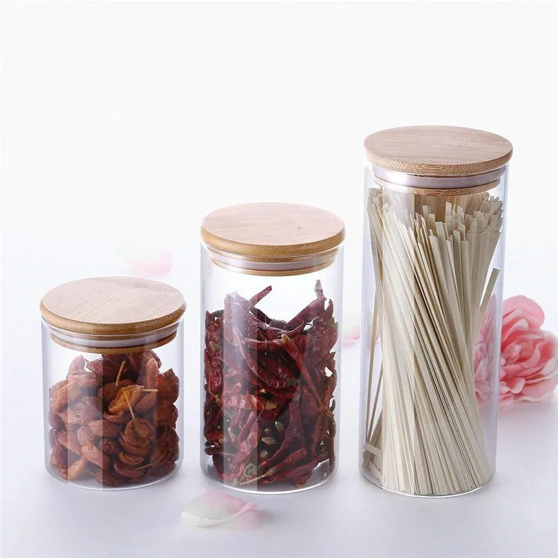manufacture Home usage Clear Glass spice jar Borosilicate glass storage jar with bamboo lid for tube shaped
