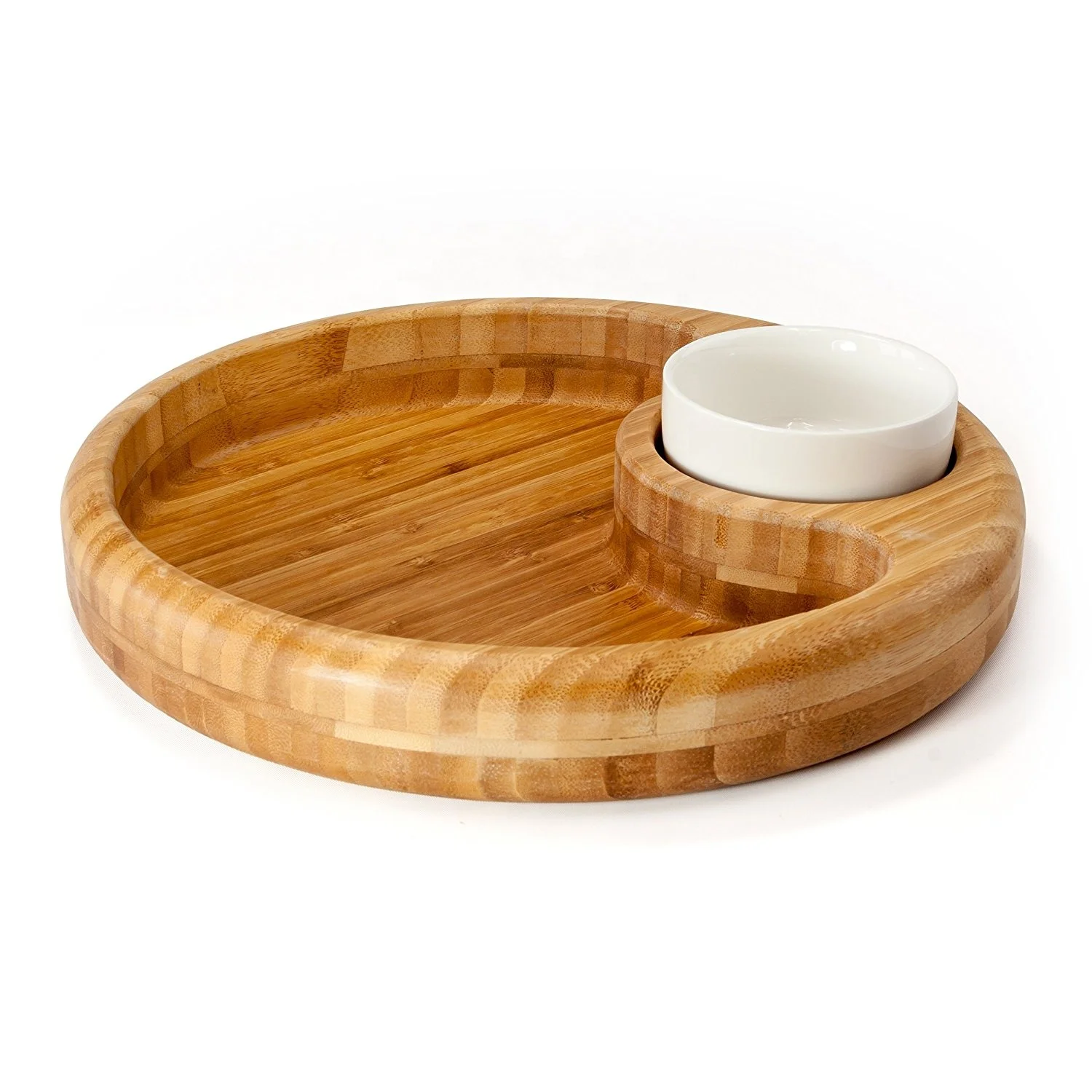 100% Natural High Quality Hot Sale Round Shape Bamboo Chip And Dip Tray With Ceramic Bowl