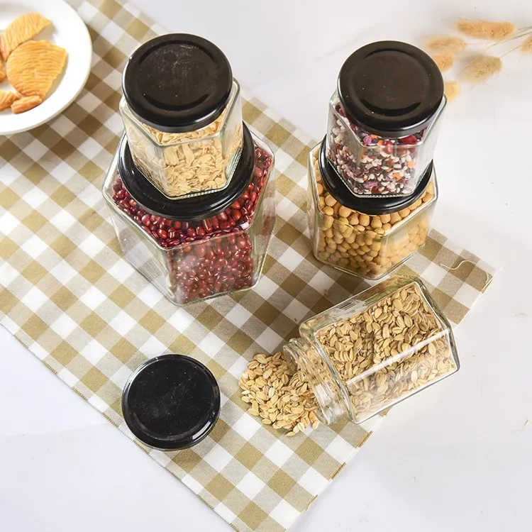 China Hexagon Square 100ml 200ml 250ml  Wide Mouth Glass Jar Canning Jars for Honey Jam Pickle Sauce with Metal Lid