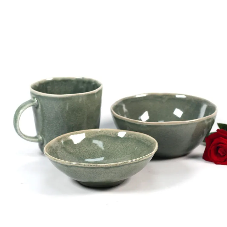 Japanese style ceramic dinnerware set reactive glazing plate bowl and mug stoneware 3-pc