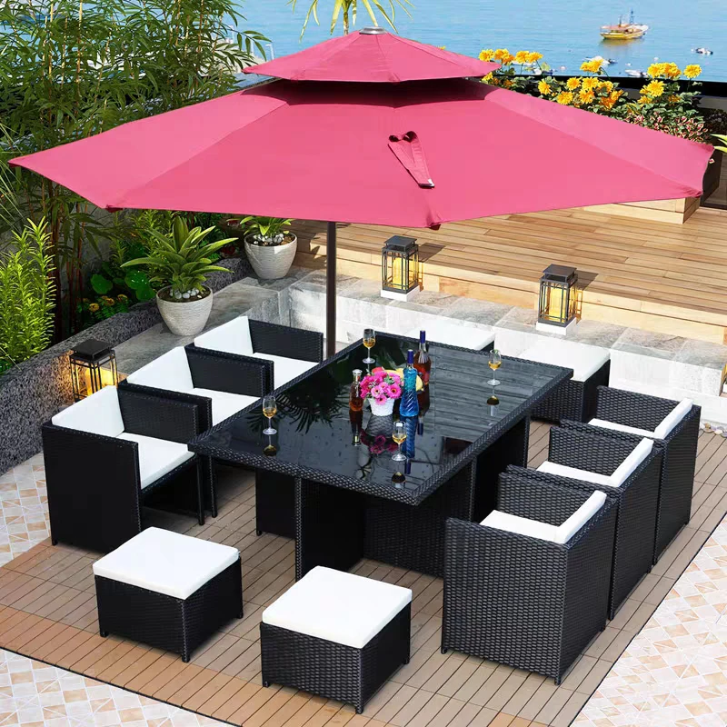 Hot Sale Exclusive Outdoor Poly Rattan patio furniture dining set table and chairs with umbrella