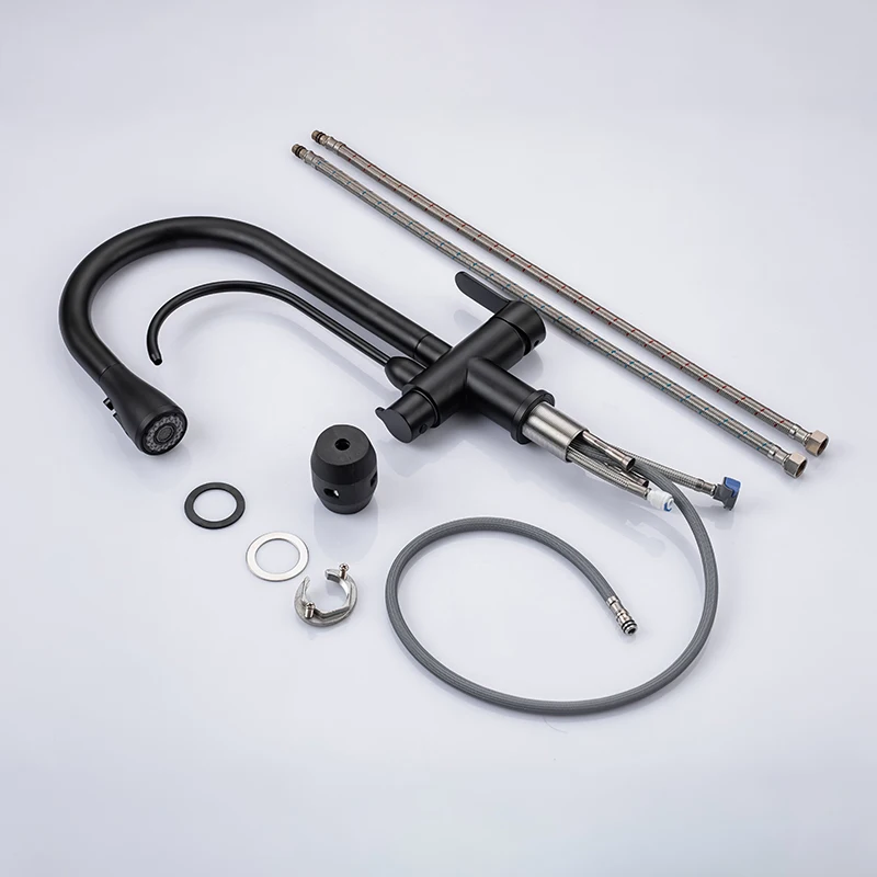 
New Design 3 in 1 Sink Cold and Hot High Arc Pull Down Mixer Tap with Drinking Tap Filter Stainless Steel Kitchen Faucet 