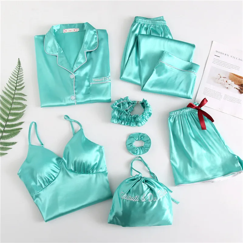 Women Silk Satin embroider Pajamas 7pcs Long Sleeve luxury Loungewear Pajamas Women Sleepwear PJ Sets