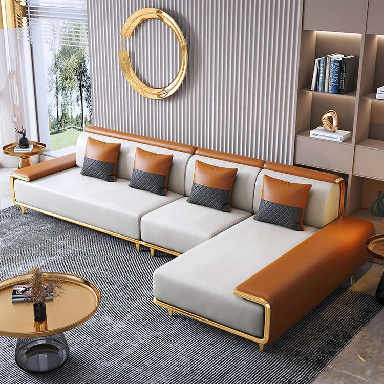 luxury modern design antique living room furniture stainless steel frame white and black leather sofa set from China