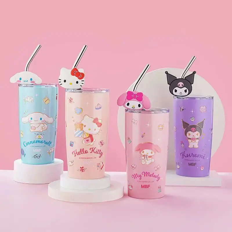 Hello Cat Sanrio Tumler Kawaii Kuromi Cup Stainless Steel 600ml Sanrio Water Bottle With Straw For Drink Accessories