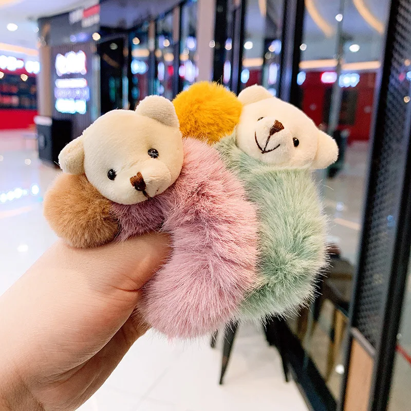 New Style Cute Bear Fur Plush Hair Rope Kids Elastic Hair Bands Rubber Hair Scrunchies For Girls