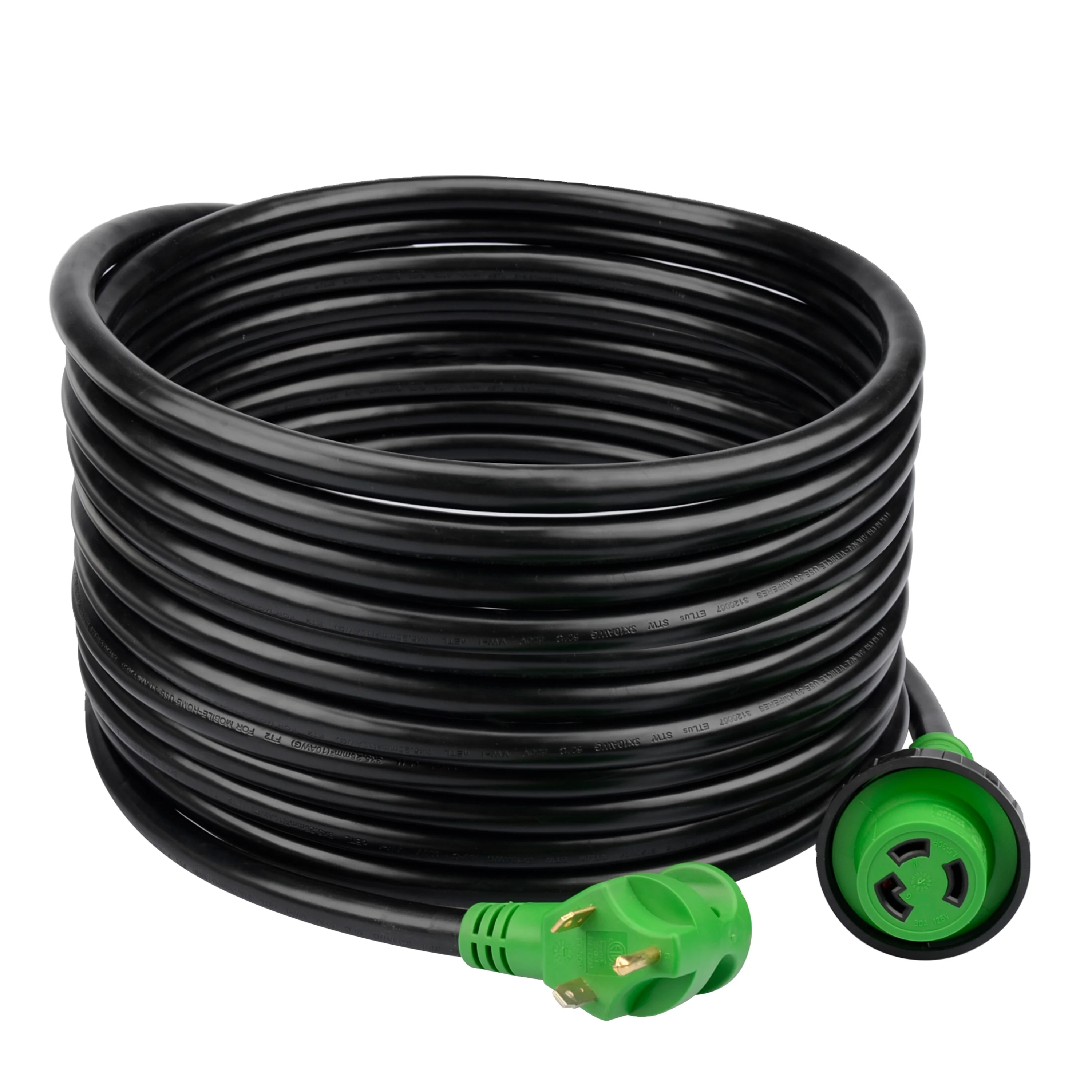 J523 30 Amp 50 Feet RV Power Extension Cord Heavy Duty STW Wire with LED Light NEMA TT-30P to L5-30R Locking Connector Green