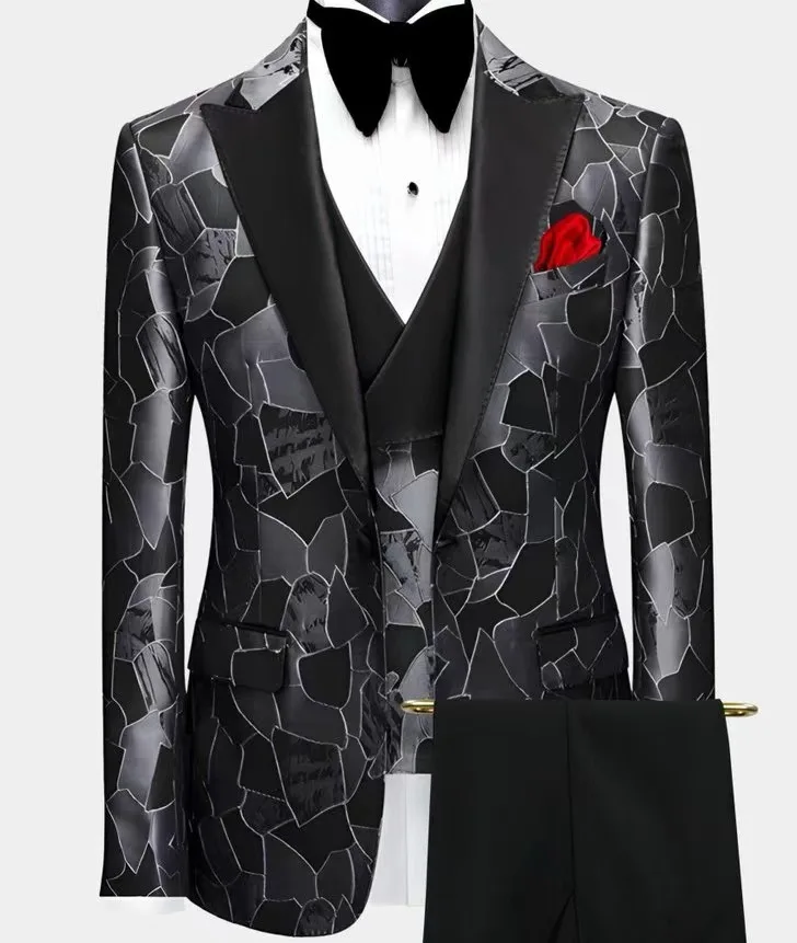 Custom Prom Suit Classic Wedding Men Tuxedo Abstract Grey & Black Tuxedo 3 Piece Men Suits