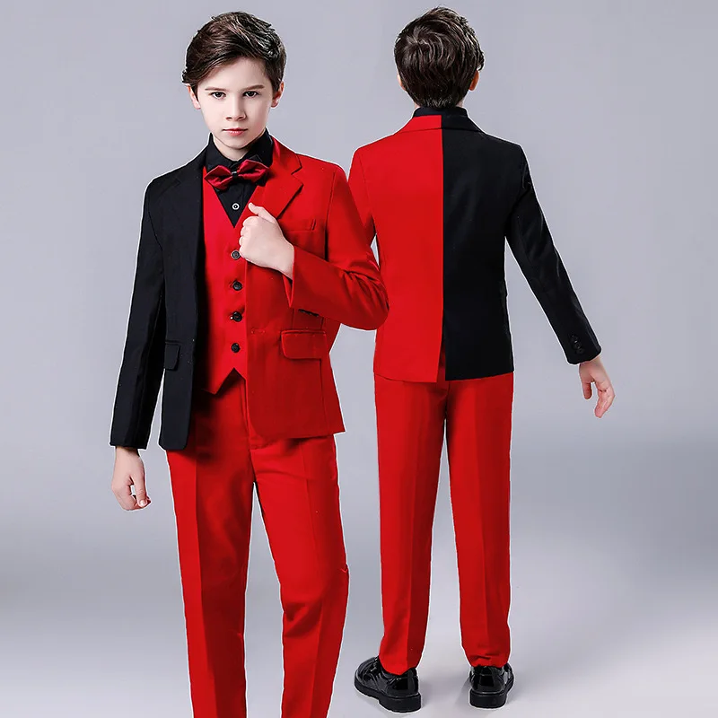 Red Black Contrast Color Men Dinner Tails Boys Formal Tuxido Dress Suits Kids Christmas Blazer Set Children Wedding Clothing
