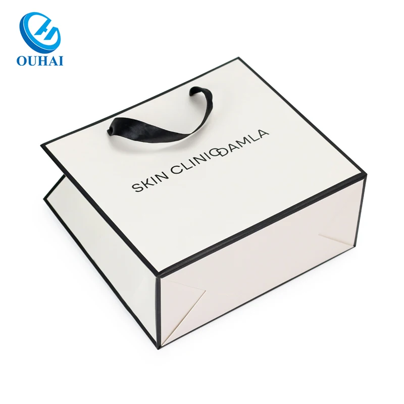 Wholesale Custom with Your Own Logo Lamination Cardboard Grey Board Paper Bag with Ribbon Handle for Shopping Retail Packing