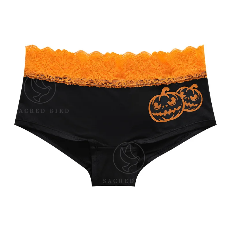 Sexy lace waist edge splicing seamless ice silk girls panties Halloween printing large size anti-glare boxer shorts