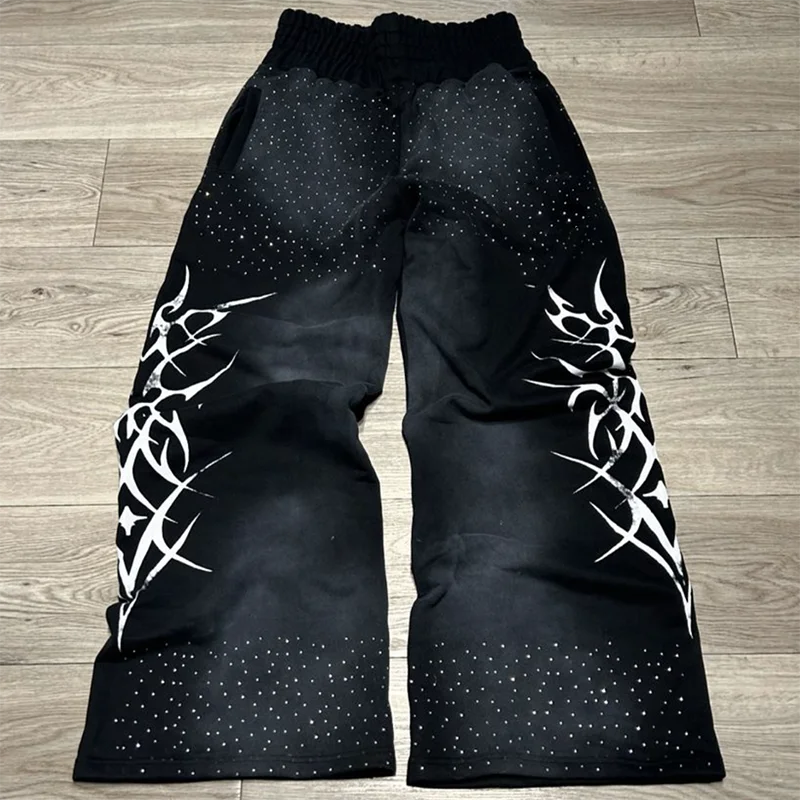 Custom sun faded oversized wide leg baggy rhinestone sweatpants men