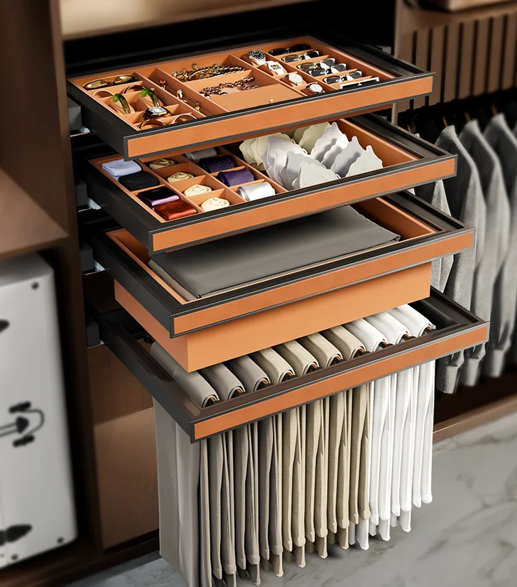 Soft close custom wardrobe pull out organiser tray trouser rack jewelry storage basket