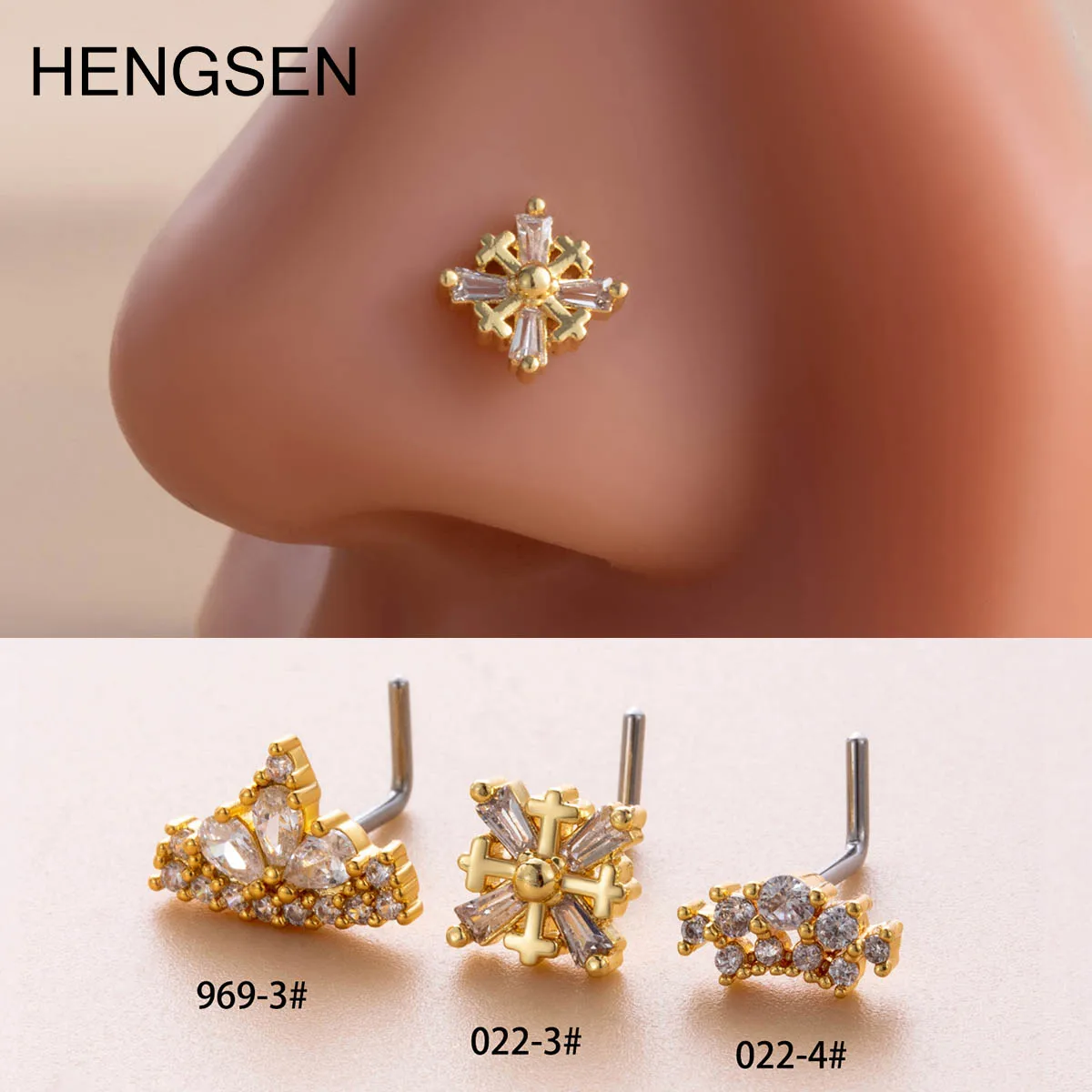 HENGSEN  Gold nose piercing jewelry wholesale stainless steel L shape diamond cubic zirconia  nose stud for women