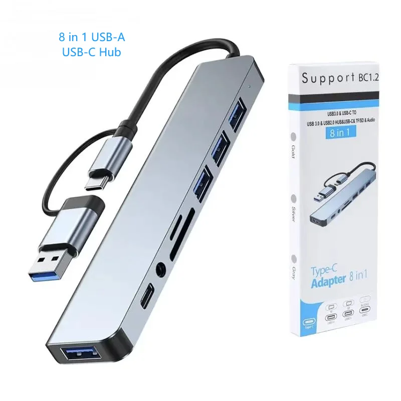 USB C 8 в 1 USB Type C концентратор разветвитель с 1 x USB 3,0, 3 x USB 2,0 и 1 x USB C, SD/TF считыватель карт, 3,5 мм разветвитель Aux портов