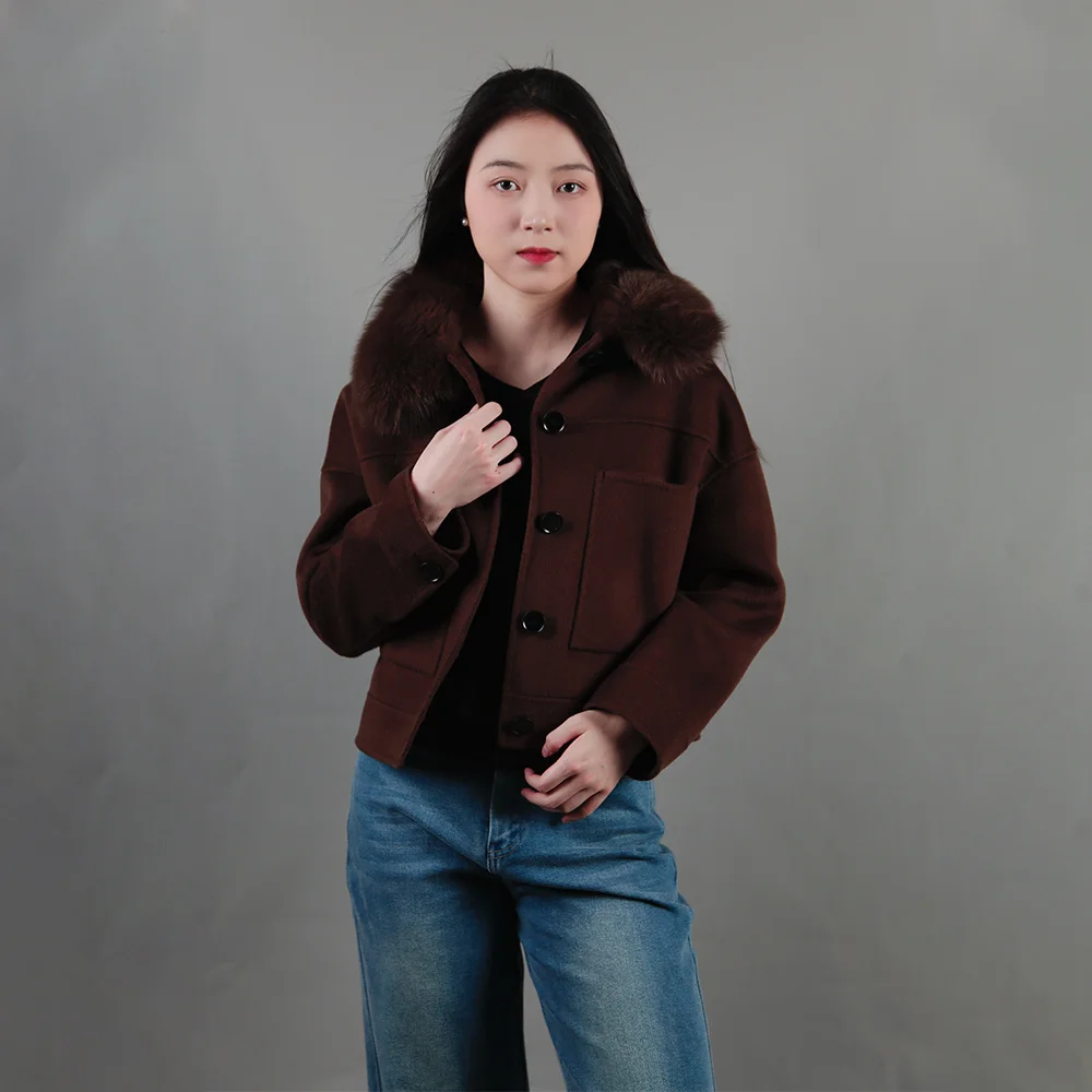 Hot Sale In Stock Wool/Cashmere Short Fur Coat Double Face Fabric Hand Made Fur Collar Women Cashmere Wool Coat Elegant
