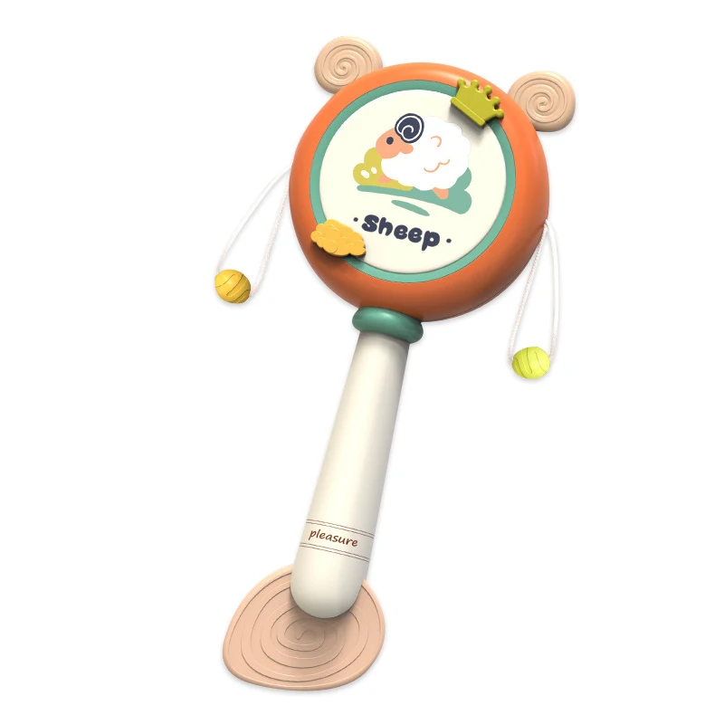 High quality cartoon sheep teether plastic baby hand shake rattle drum toys
