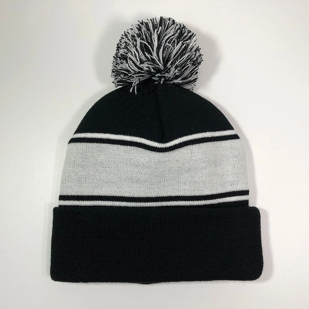 Custom jacquard stripe pom pom winter hats Unisex high quality sports college name embroidered toques Adult designer beanies men