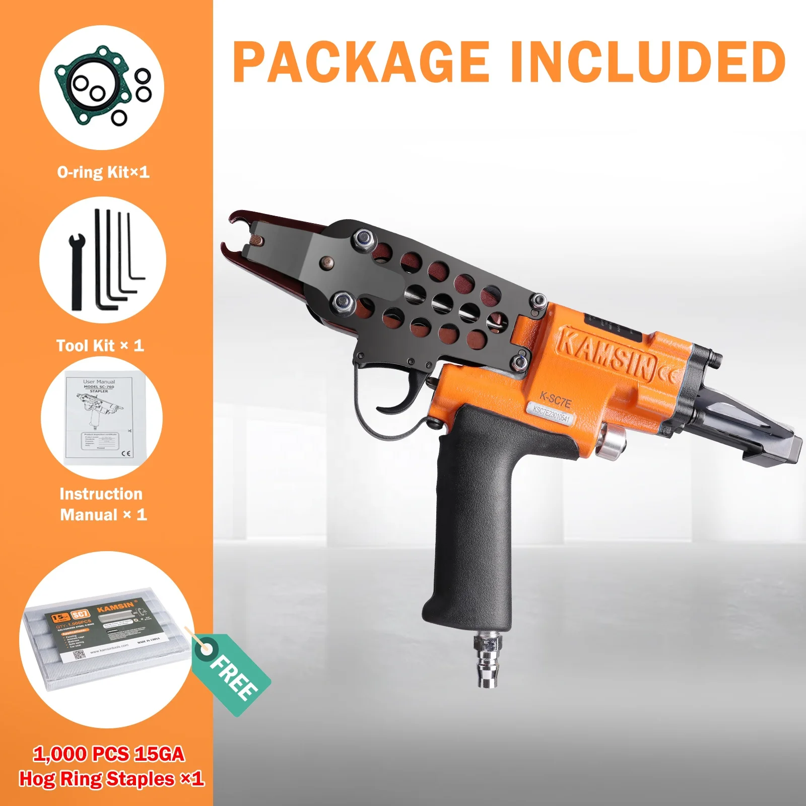 KAMSIN SC7E 15 Gauge 3/4' Crown Industrial Fencing hog ring gun Pneumatic Car Seat-Making Spring Mattress-Making Air C Ring Gun