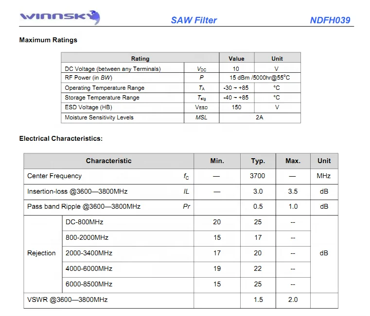 New Product Promotion 3700MHz LTE Band43 RF Saw Filter (Pass Band) Cellular Communication-WINNSKY Stable Supply
