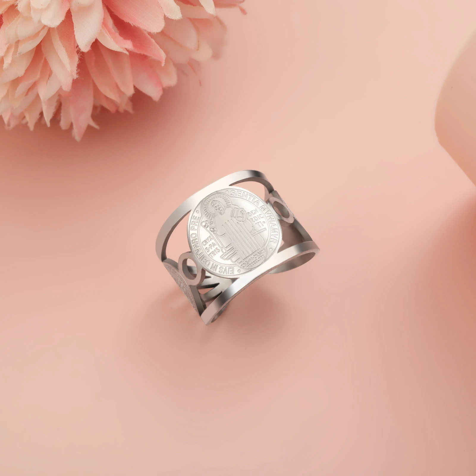 Saint Benedict of Nursia Ring Stainless Steel Finger Ring Holy Catholicism Religious Amulet Jewelry Gift for Men Women