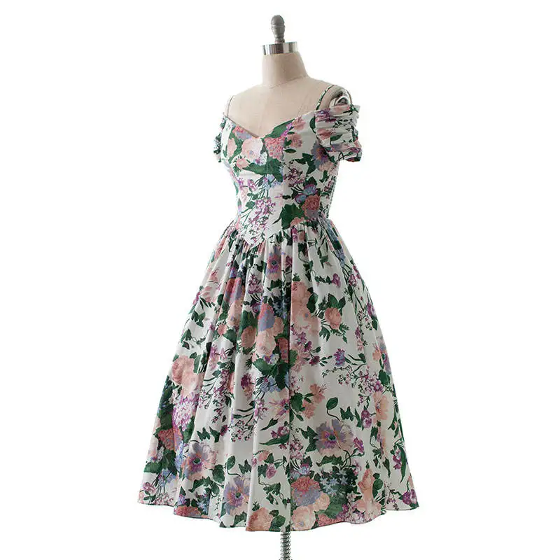Aschulman Custom Floral Printed Midi Elegant off Shoulder Ladies Dresses Vintage for Women