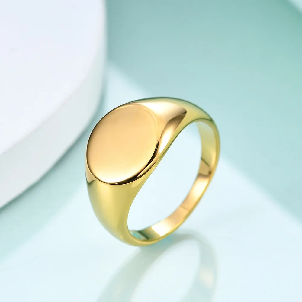 Gold Plated Round Ring Size 4-15 Stainless Steel Couple Signet Initial Stamp Ring Waterproof Jewelry Engagement Men Women Rings
