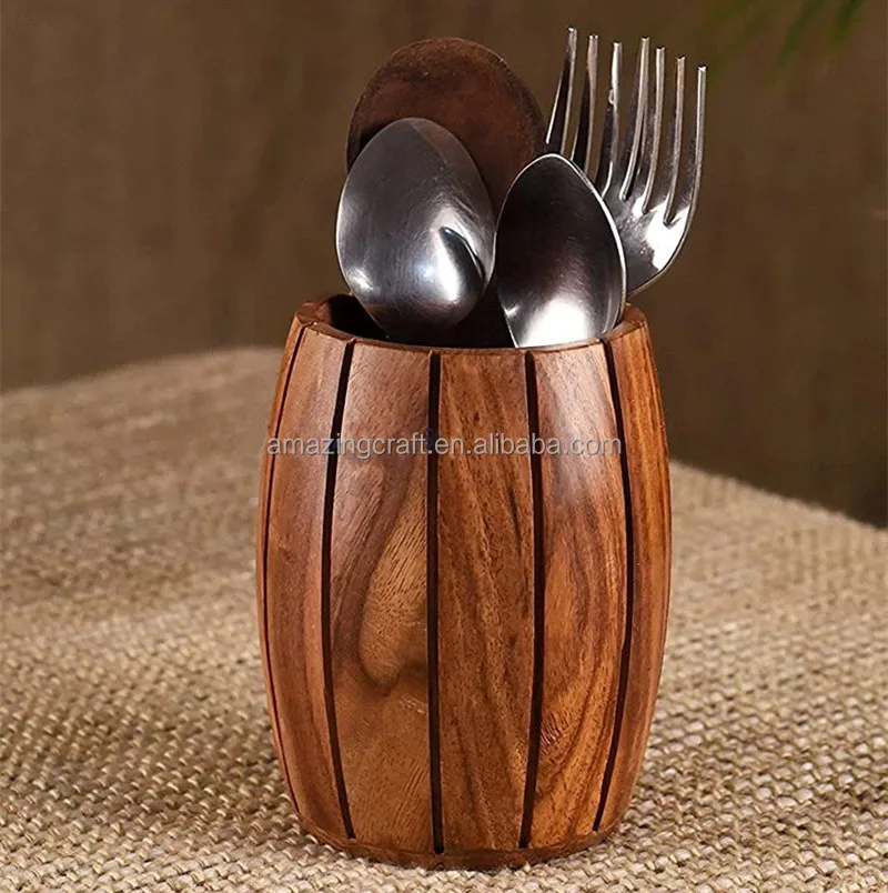 Handmade Round Shape Barrel Wooden Cutlery Spoon Fork Holder Kitchen Utensil Tool Organizer Stand Customized Wholesale