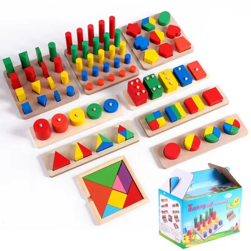 Custom Montessori 9-in-1 Wooden Geometric Cognitive Building Educational Teaching Aids Unisex Toys for Kids