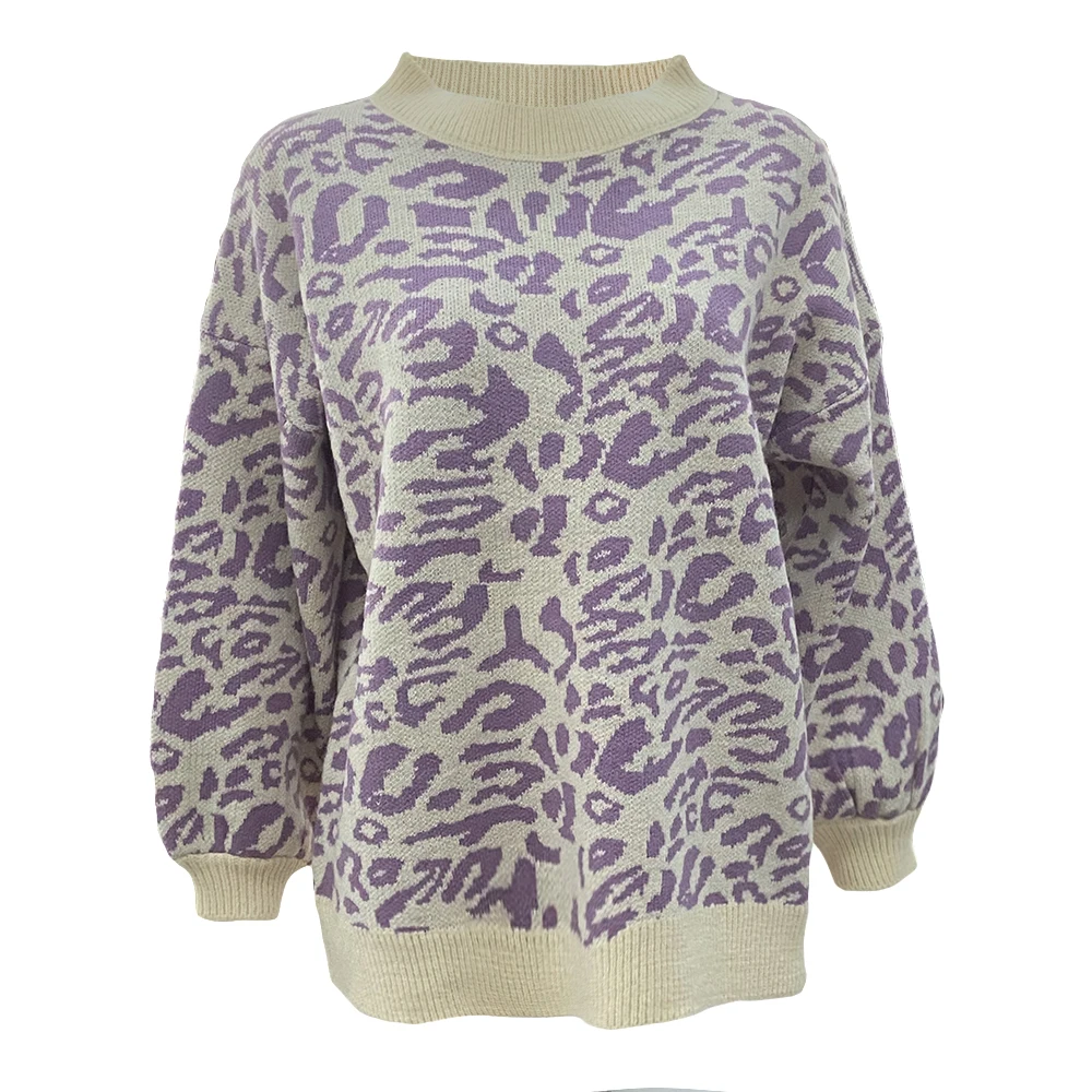 Custom OEM & ODM Logo Women Soft Leopard Sweater Crewneck Jacquard Knitwear Ladies Girls Loose Pullover Cotton Knit Sweaters