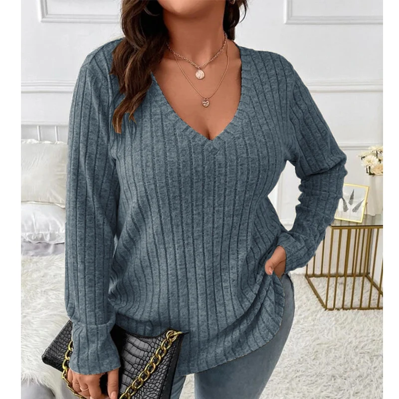 Wholesale solid oversized Tee shirt V neck long sleeve top plus size fleese pit stripe brushed ribbed women blouses shirts