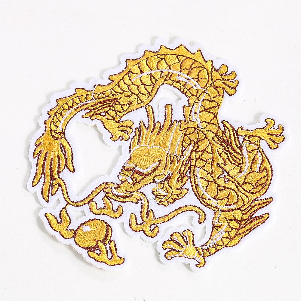 High quality Chinese style dragon frolicking with a pearl golden dragon embroidery large patches badges iron on for clothing