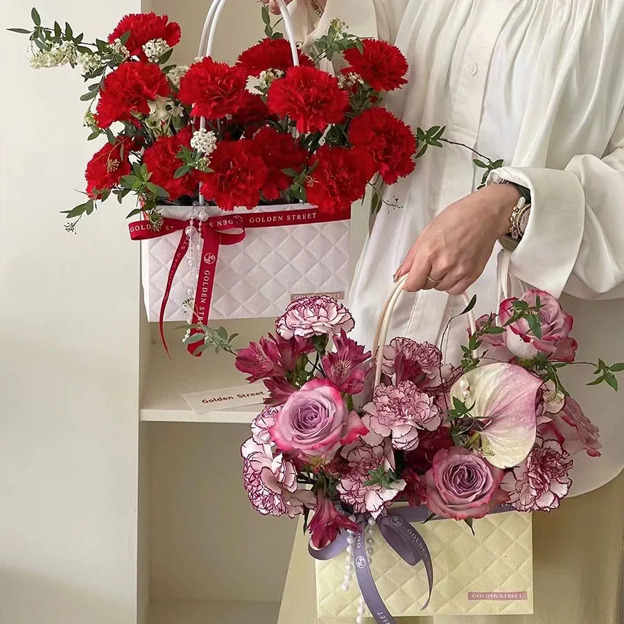 Small Custom Logo Luxury Shopping Tote Flowers Handle Kraft Square Flower Paper Bag