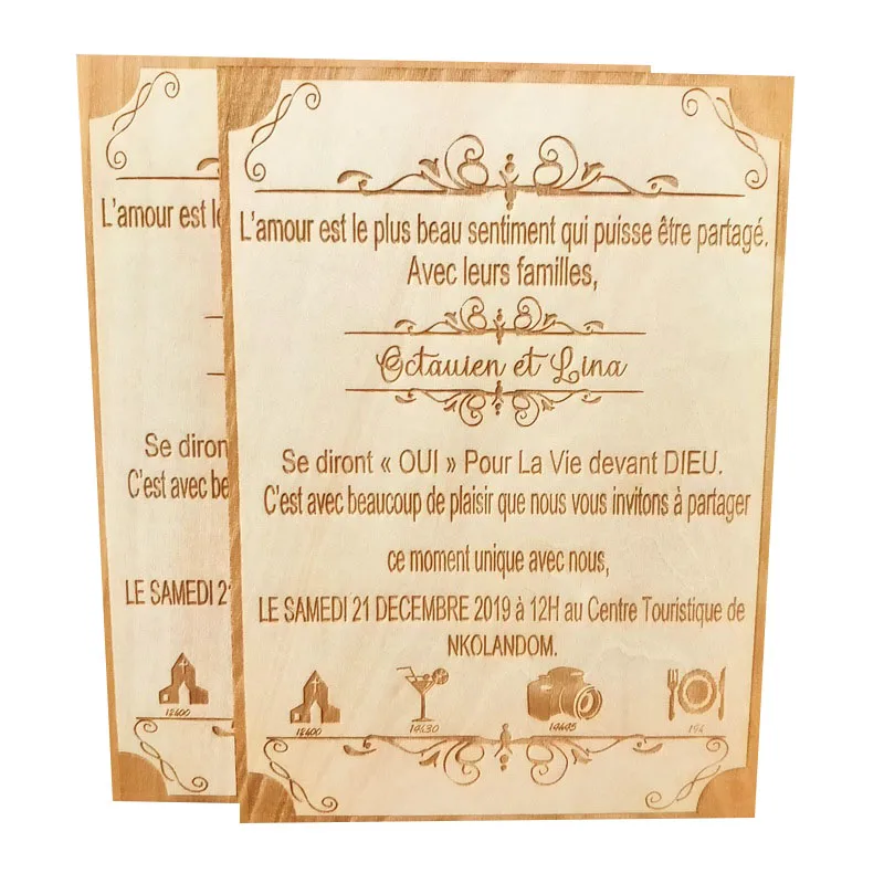 2020 New Customized china wood laser cut weeding invitation card luxury wedding invitation card with envelopes