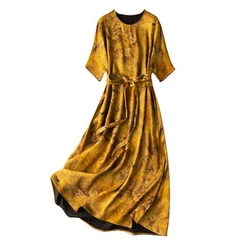 Wholesale 45 Mm Heavy 100% Natural Silk Dresses Women Fragrant Cloud Yarn 2 Side Wear Loose Short Sleeve Dress Summer D35730C