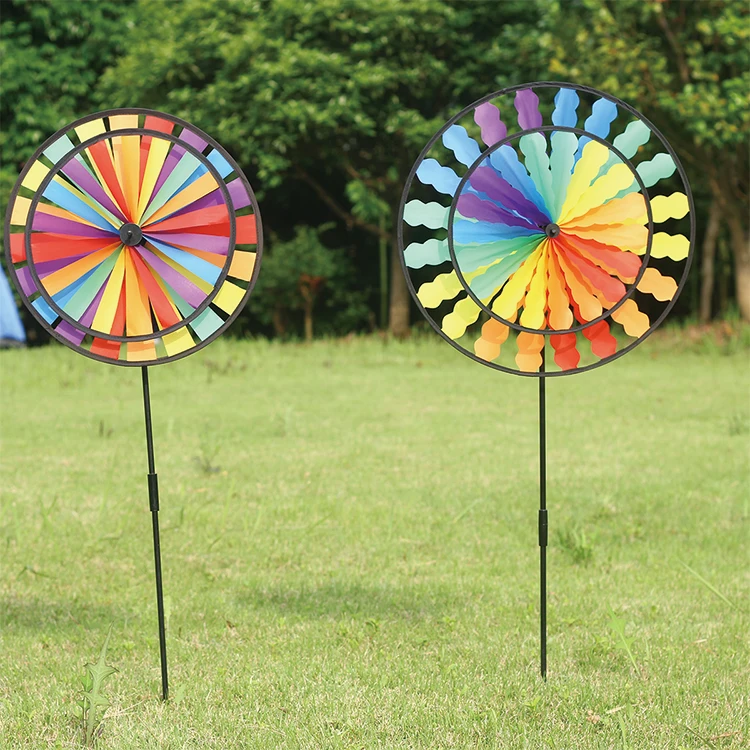 BAILING Wholesale Kids Toys Double Wheels Rainbow Windmill Colourful Lines Garden Pinwheels