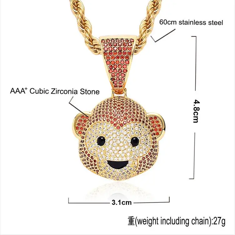 New Cute Cartoon Monkey Necklace Pendant Real Gold Plated Copper Inlaid Zircon Hip Hop Necklace Jewelry