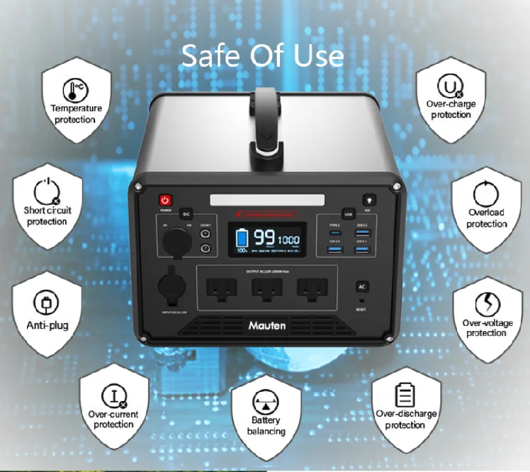 
1000w 100ah 1280wh LiFePo4 battery 2000 cycle Life 110v solar portable power station for outdoor and home 