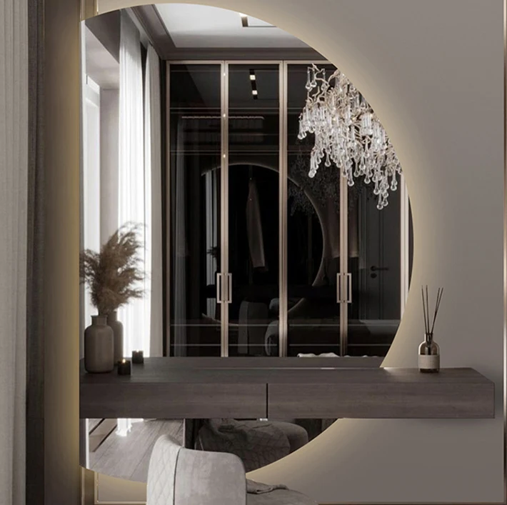 manufacturer custom half moon mirror asymmetrical mirror with led lights