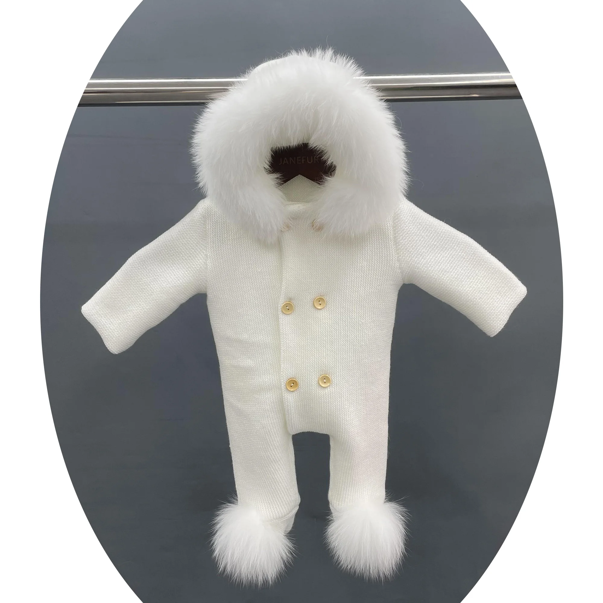 Janefur Custom Baby Rompers Suit Winter Boys Girls Fur Sweater Newborn One-piece Hooded Knitted Mix Wool Pramsuit with Fox Fur