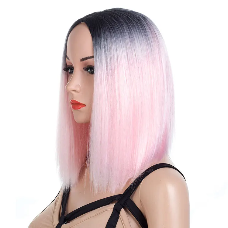 Short Straight Synthetic BOB Wig Fiber Lido Pink Synthetic Wig Ombre Color Synthetic Lace Front Wig For White Women