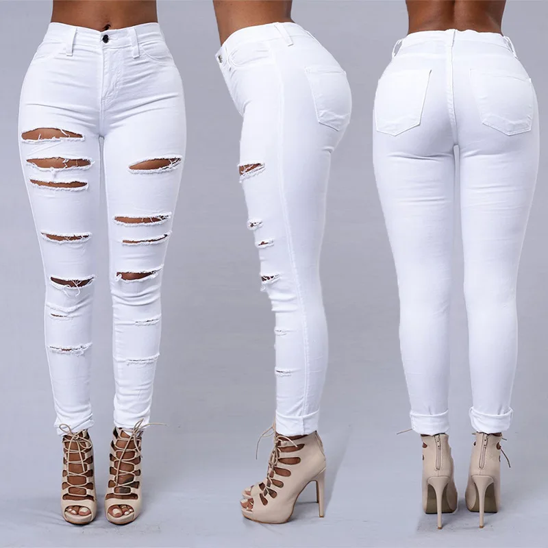 Fashion Women Jeans European Clothing Stretchy Skinny Ripped Jeans Mujer Pencil Pants Black White Jeans Women