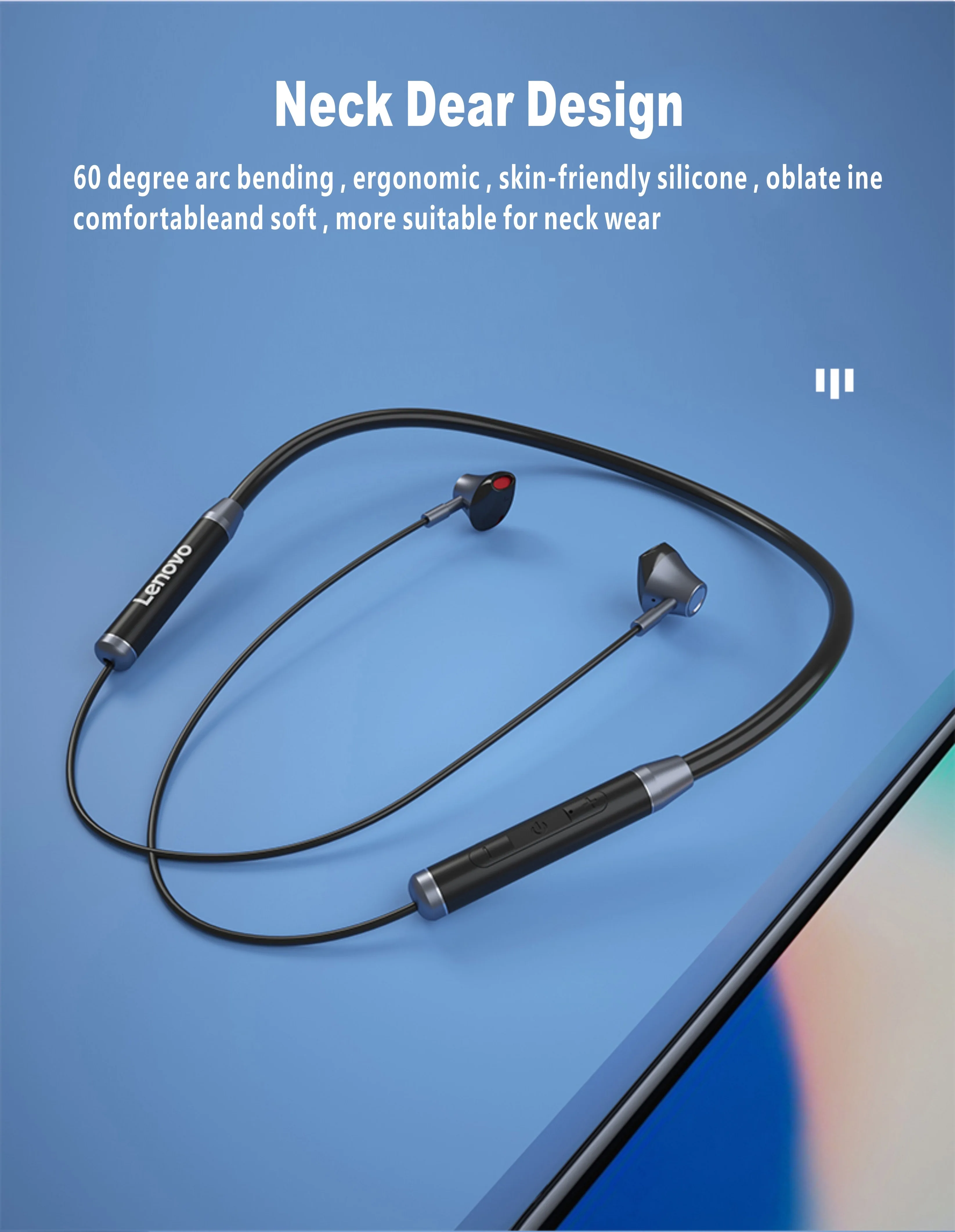 Lenovo Silicone Neckband HE06 wireless earphones with magnetic  function and memory material