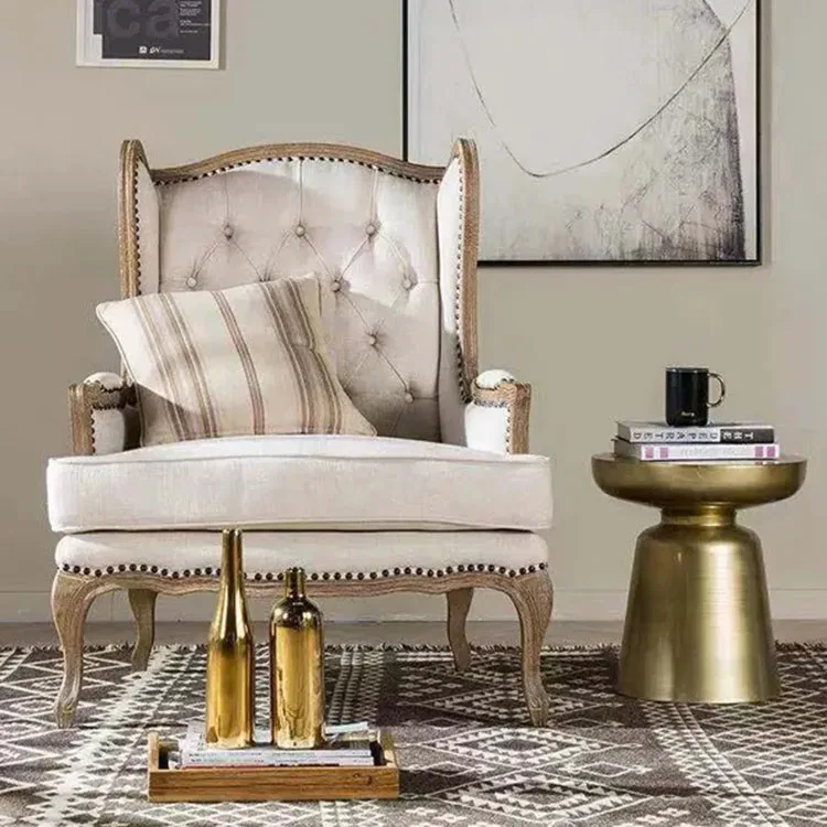 Antique Single Sofa Wooden Frame Linen Fabric Aerican Style Accent Leisure Chair