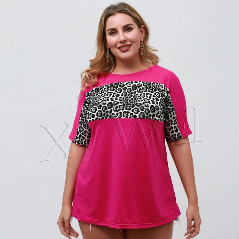 Ladiesreadymade rose-carmine patchwork t shirts women blouse Leopard crew neck summer adult women t shirt tshirts