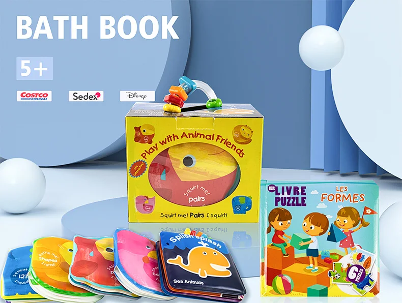 Baby Toddlers Bathing Waterproof Animals Pictures Bath Book Set With Box Packing